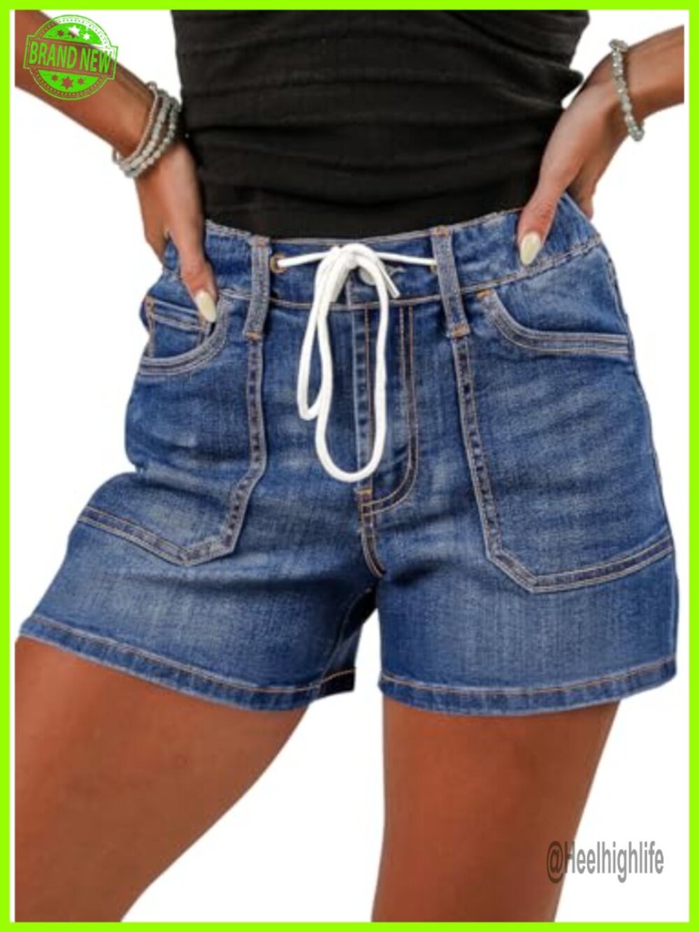 High Waisted Drawstring Denim Shorts Casual Stretchy with Pockets